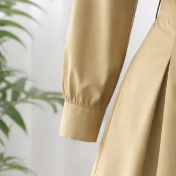 Cropped Khaki Jacket and Pleated Skirt Set - Khaki with White Trim - Picture 6 of 8